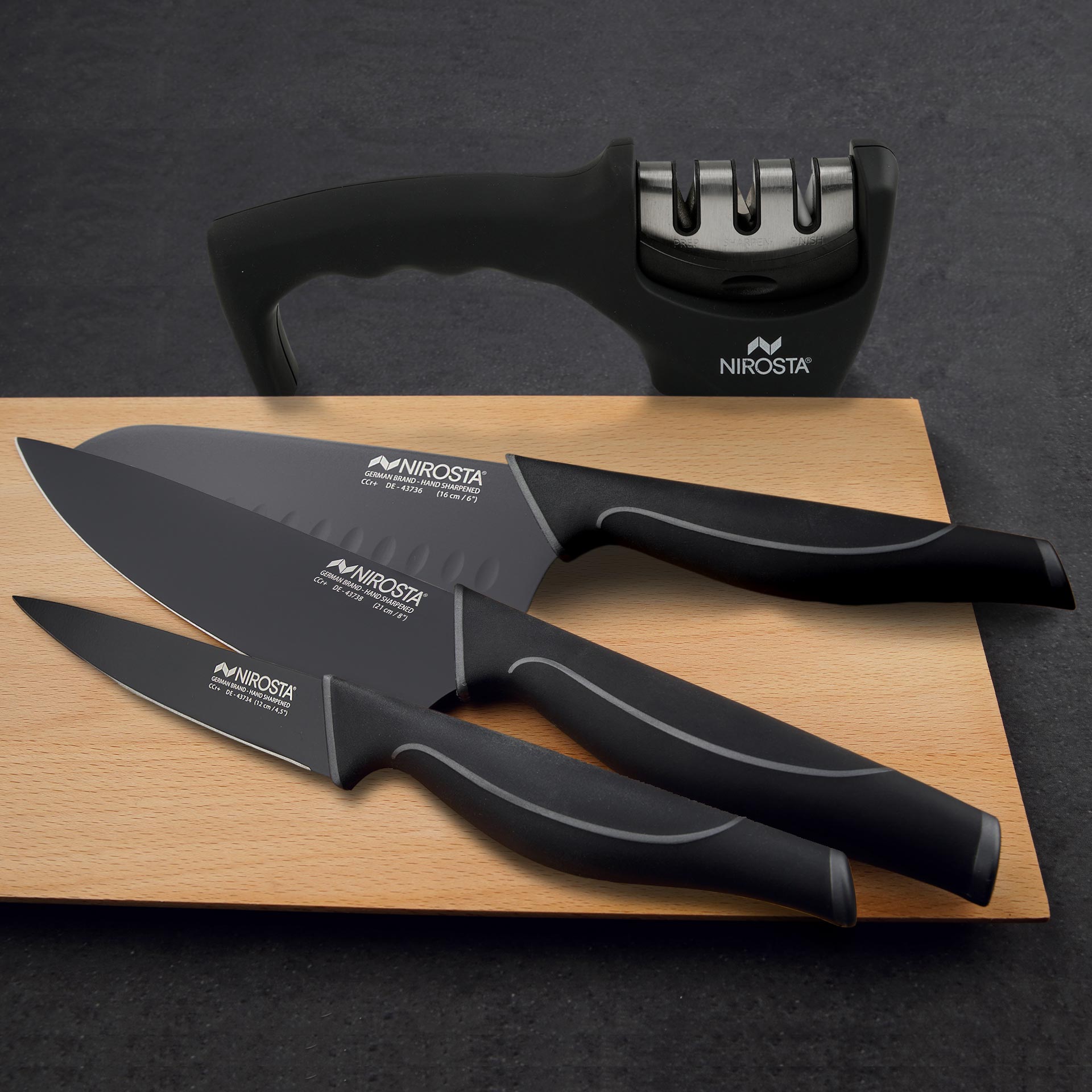 Set Cuchillos Nirosta Wave, 4 piezas: Cuchillo Santoku, Cuchillo Multiusos, Cuchillo de Chef y Afilador de Cuchillos – Calidad Profesional para su Cocina