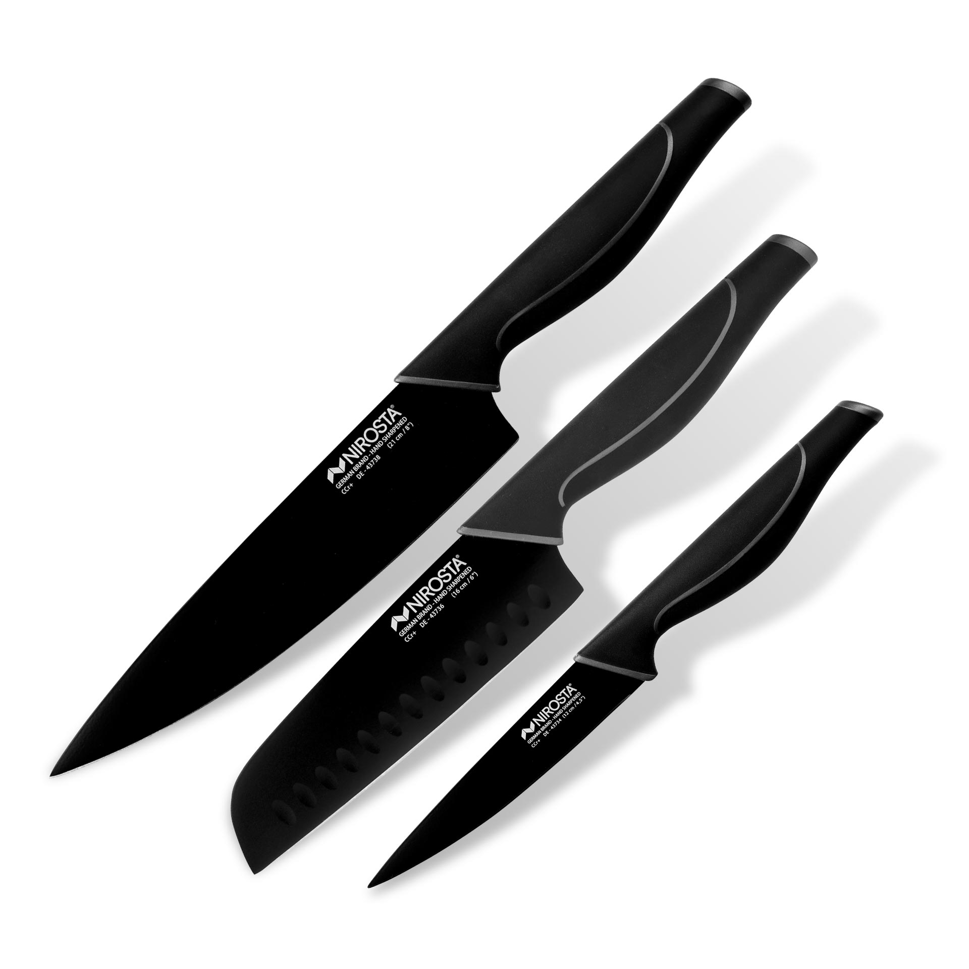 Set Cuchillos Nirosta Wave de 3 piezas: Cuchillo Santoku, Cuchillo Multiusos, Cuchillo de Chef - Marca Fackelmann, mango ergonómico, acero inoxidable de alta calidad